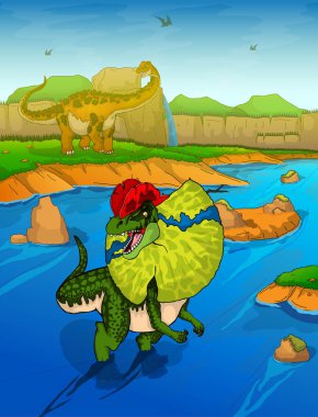 Dilophosaurus nehir arka plan üzerinde 