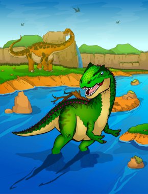Allosaurus nehir arka plan üzerinde 