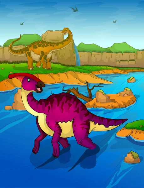 Parasaurolophus auf dem Hintergrund des Flusses — Stockvektor