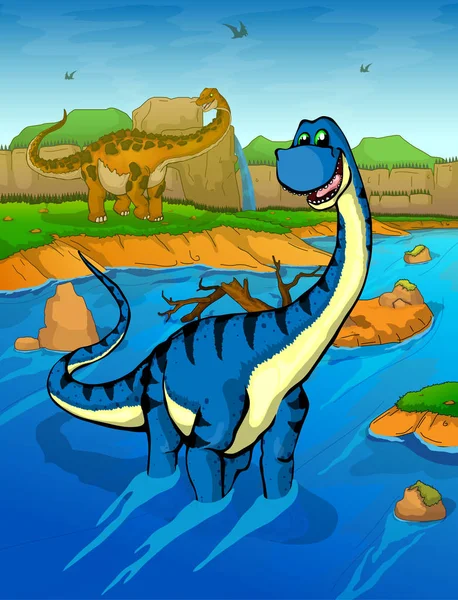 Diplodocus op de achtergrond van de rivier — Stockvector