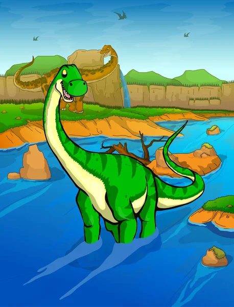 Diplodocus på floden bakgrunden — Stock vektor