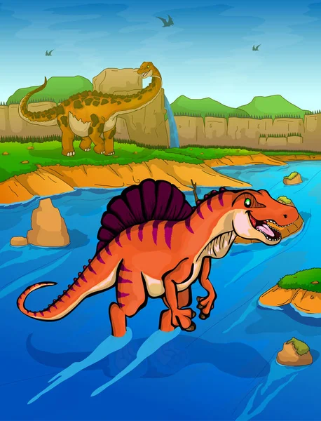 Spinosaurus på floden bakgrunden — Stock vektor