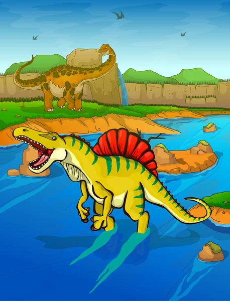 Spinosaurus pada latar belakang sungai - Stok Vektor