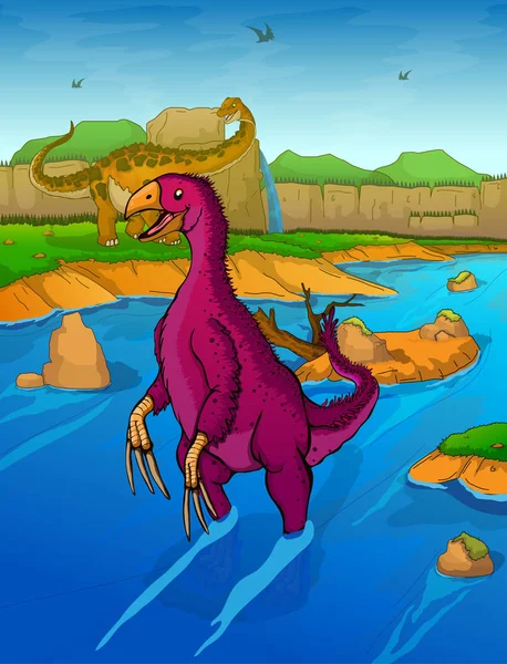 Therizinosaurus en el fondo del río — Vector de stock