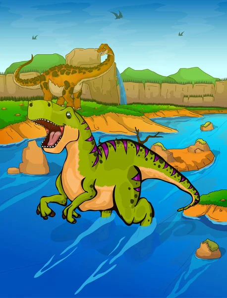 Tyrannosaurus på floden bakgrunden — Stock vektor