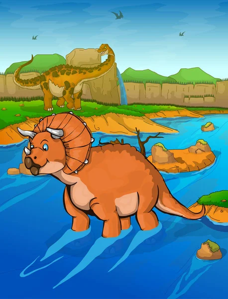 Triceratops en el fondo del río — Vector de stock