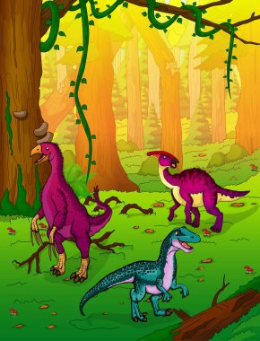 Dinozorlar orman arka plan üzerinde