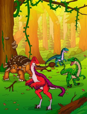 Sevimli çizgi ankylosaurus ve Anzu orman arka plan üzerinde.