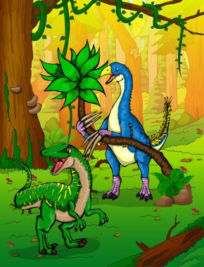 Therizinosaurus orman arka plan üzerinde.