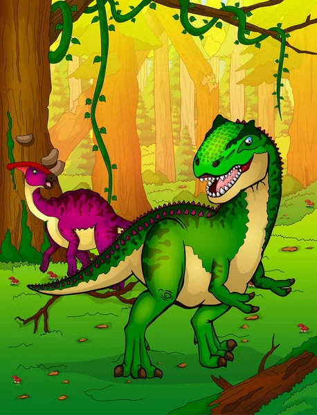 Allosaurus на тлі лісу . — стоковий вектор