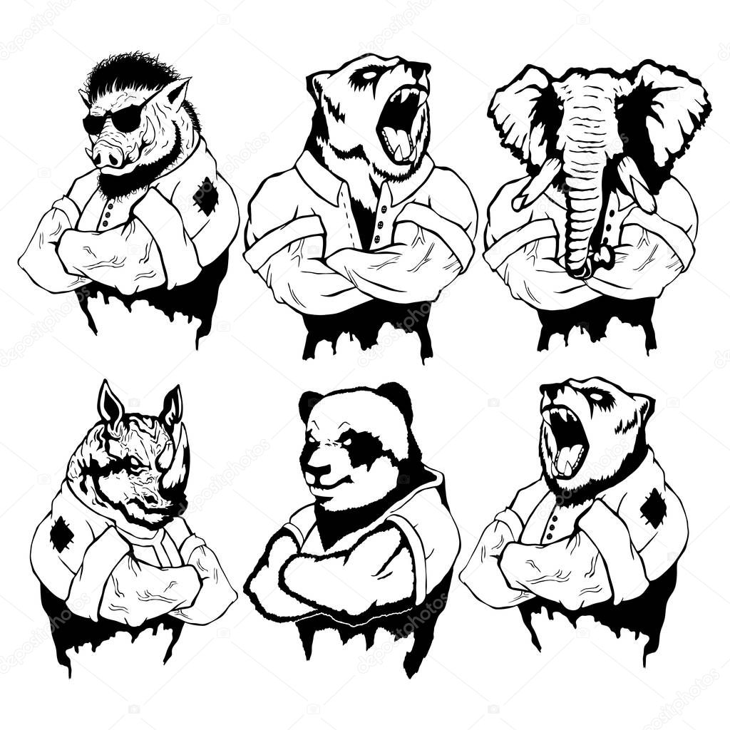 Isolated vector illustration of a set strong wild animal - men.