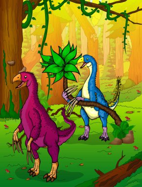 Therizinosaurus orman arka plan üzerinde.