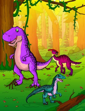 Sevimli çizgi Tyrannosaurus, parasaurolophus ve velociraptor doğa arka plan üzerinde. Vektör çizim karikatür dinozorlar.