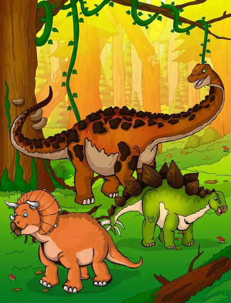Titanosaurio y Triceratops en el fondo del bosque — Vector de stock