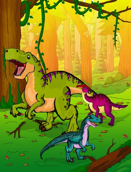 Carino cartone animato Tyrannosaurus, parasaurolophus e velociraptor sullo sfondo della natura . — Vettoriale Stock