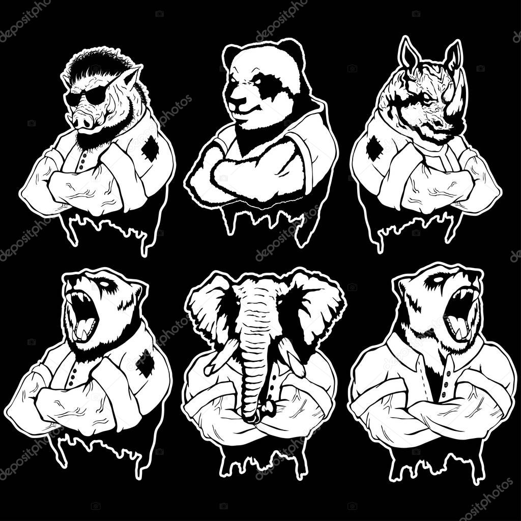 Isolated vector illustration of a set strong wild animal - men.