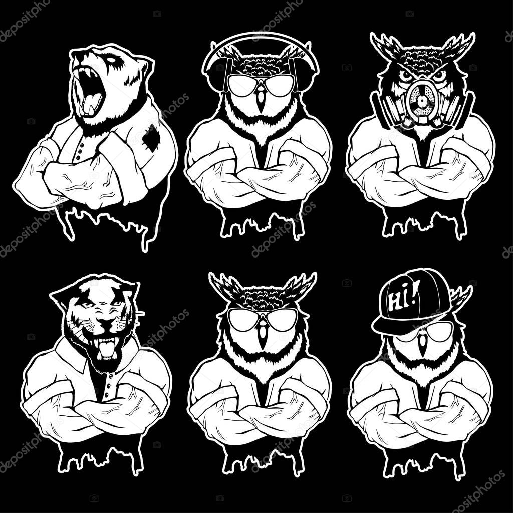 Vector illustration of a set strong wild animal - men