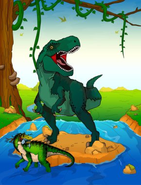 Tyrannosaurus arka planda bir şelale.