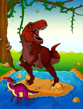 Tyrannosaurus arka planda bir şelale.