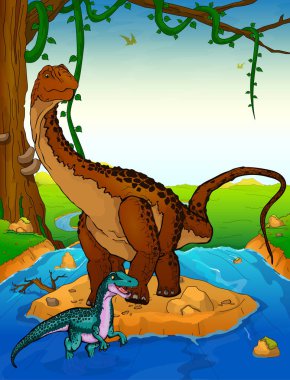 Diplodocus arka planda bir şelale.