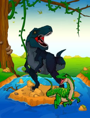 Tyrannosaurus arka planda bir şelale.