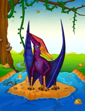 Pteranodon arka planda bir şelale.