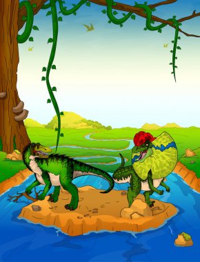 Baryonyx ve dilophosaurus arka planda bir şelale.