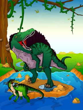 Spinosaurus arka planda bir şelale.