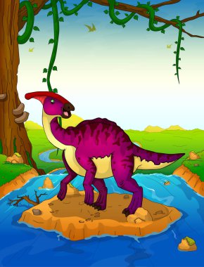 Parasaurolophus arka planda bir şelale.