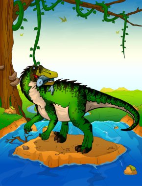 Baryonyx arka planda bir şelale.