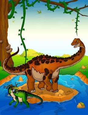 Diplodocus arka planda bir şelale.