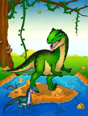 Allosaurus arka planda bir şelale.