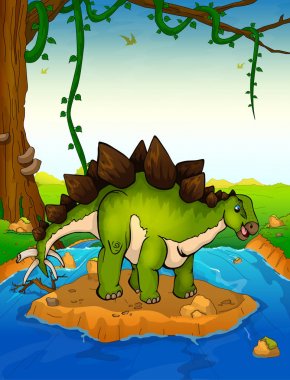 Stegosaurus arka planda bir şelale.