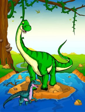 Diplodocus arka planda bir şelale.