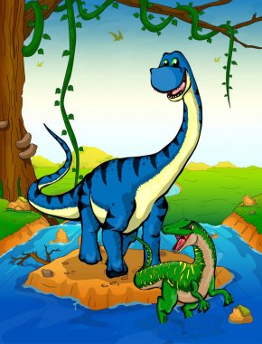 Diplodocus arka planda bir şelale.