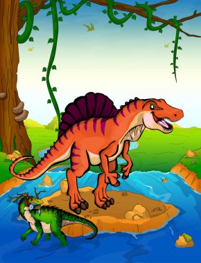 Spinosaurus arka planda bir şelale.