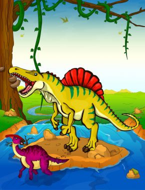 Spinosaurus arka planda bir şelale.