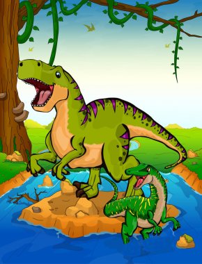 Tyrannosaurus arka planda bir şelale.
