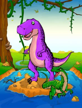 Tyrannosaurus arka planda bir şelale.