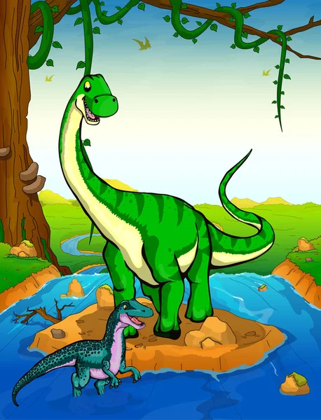 Diplodocus arka planda bir şelale. — Stok Vektör