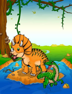 Triceratops arka planda bir şelale.