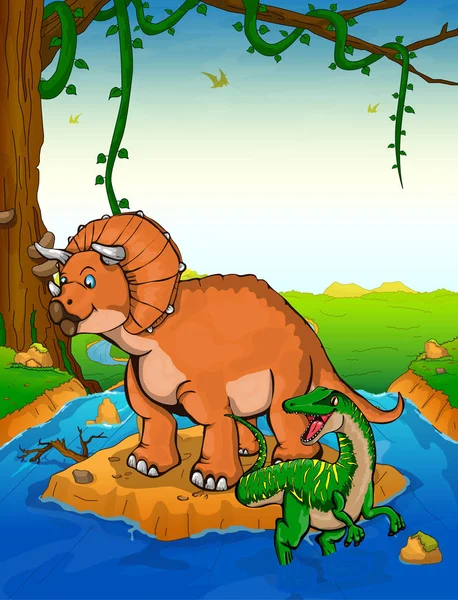 A Triceratops a háttérben egy vízesés. — Stock Vector