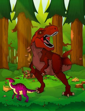 Tyrannosaur'u orman arka plan üzerinde