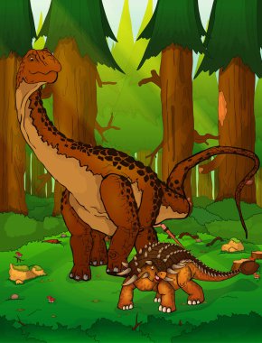 Diplodocus ve orman arka plan üzerinde ankylosaurus