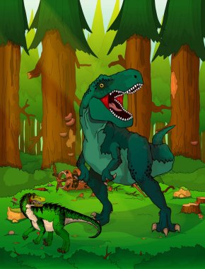 Tyrannosaur'u orman arka plan üzerinde