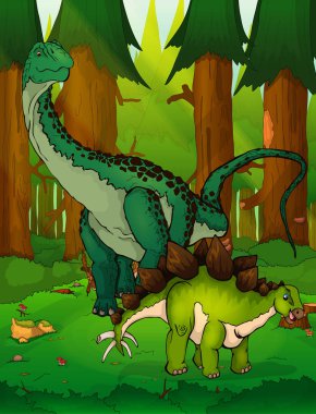 Diplodocus ve stegosaurus orman arka plan üzerinde