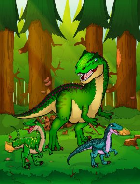 Allosaurus bir orman arka plan üzerinde.