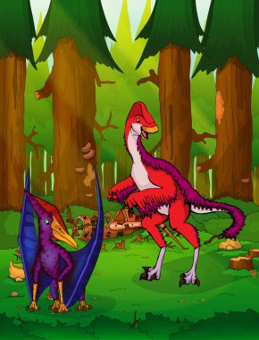 Anzu Wylie ve pteratodon bir orman arka plan üzerinde.