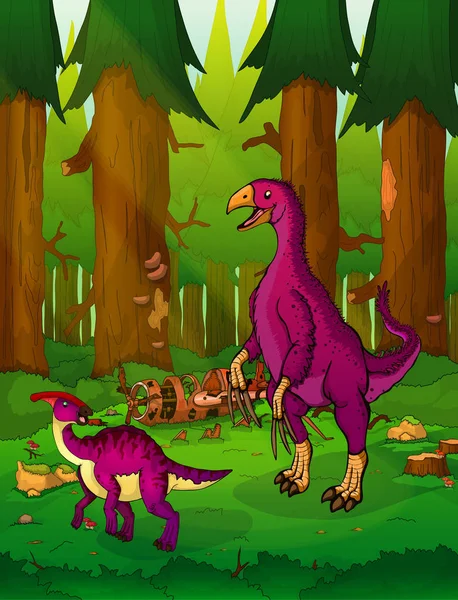 Therizinosaurus ve parasaurolophus bir orman arka plan üzerinde. — Stok Vektör