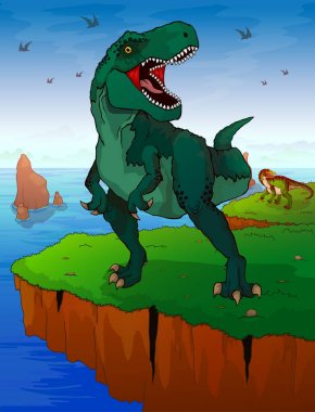 Tyrannosaur on the background of the sea.  clipart